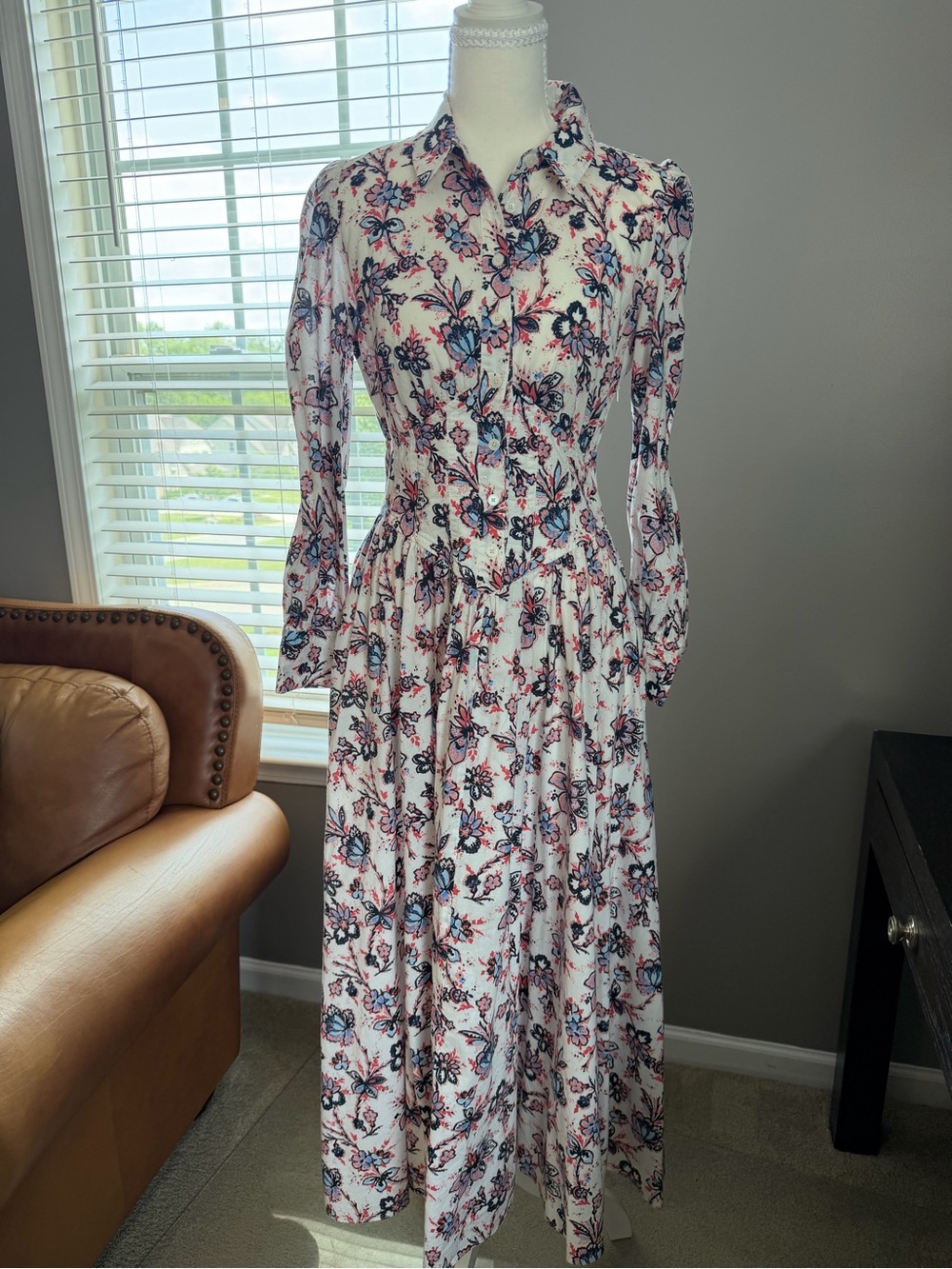 10 Crosby Derek Lam White Floral Maxi Dress with Blue & Pink Accents